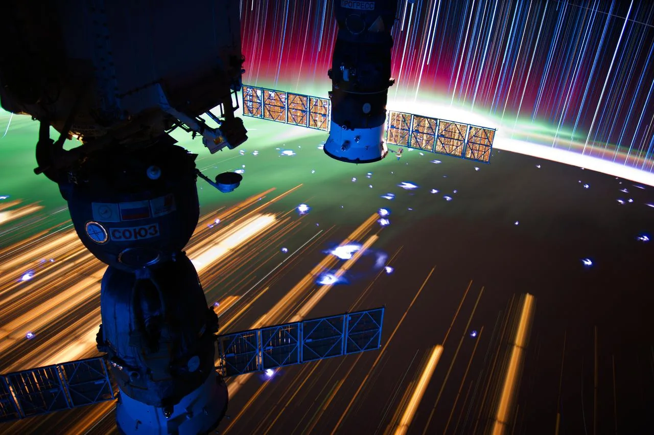 A composite of star trails photographed from the International Space Station. NASA. Composite exposure; not a real time sky clock.