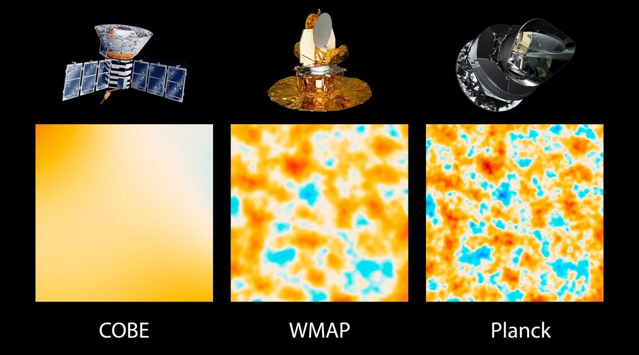 Comparison of cosmic microwave background maps. Scientific visualisation, not a photograph of an explosion.
