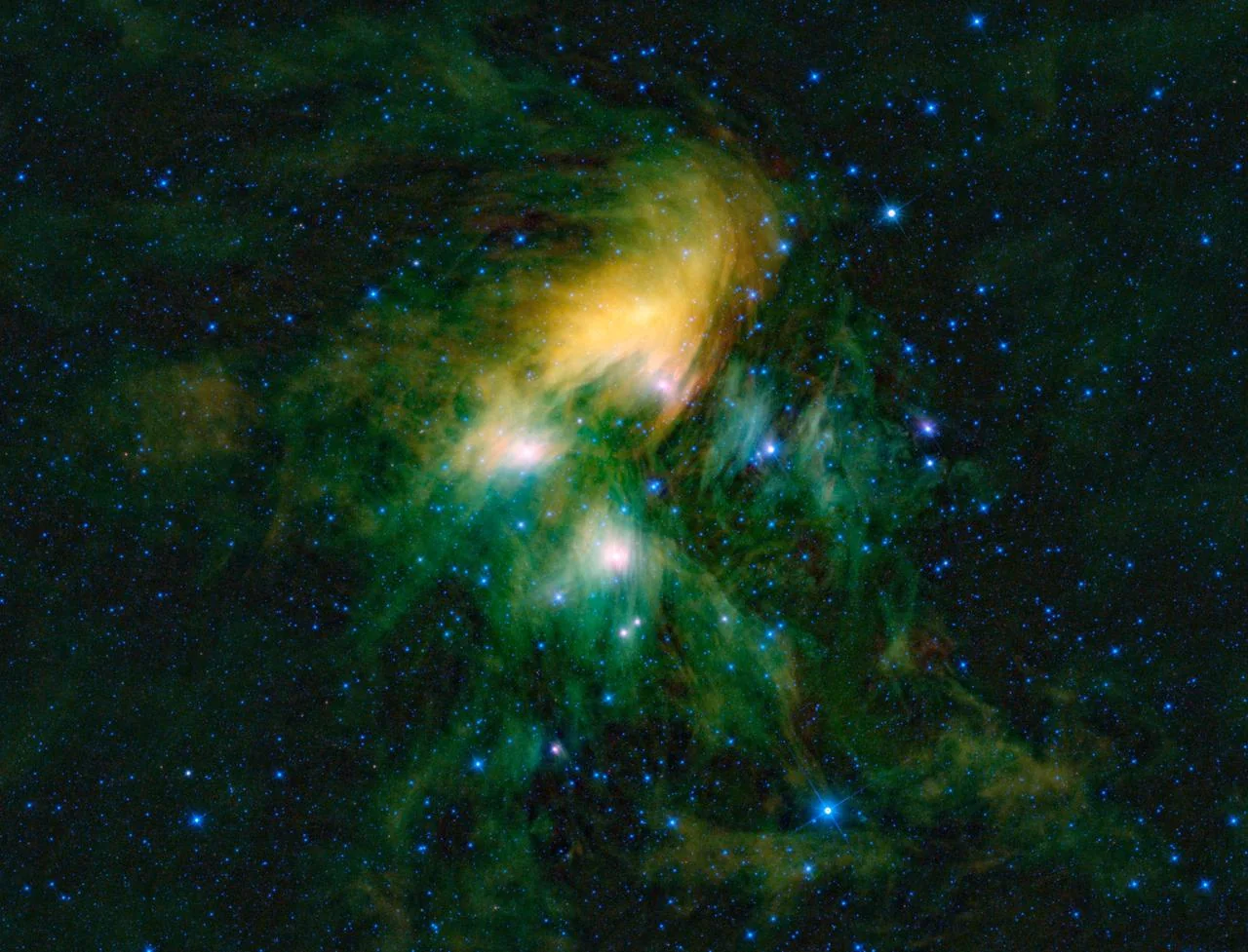 The Pleiades open cluster in infrared, an observing target used to discuss field of view. NASA/JPL-Caltech/UCLA. Infrared image; not an eyepiece photograph.