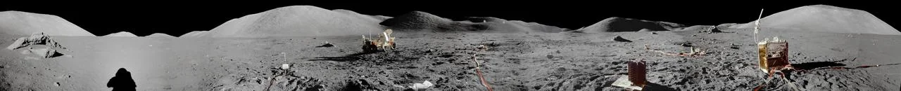 Apollo 17 lunar surface panorama assembled from mission photographs. Historical imagery, not a proposed future base.